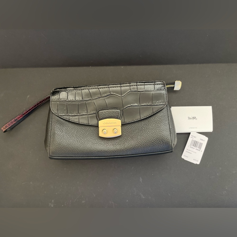 New Coach Flap Clutch Black Pebble with Cranberry Croc Embossed Leather F67497